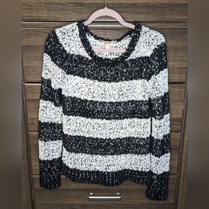 Black and white striped knitted sweater Sherpa fleece like Small